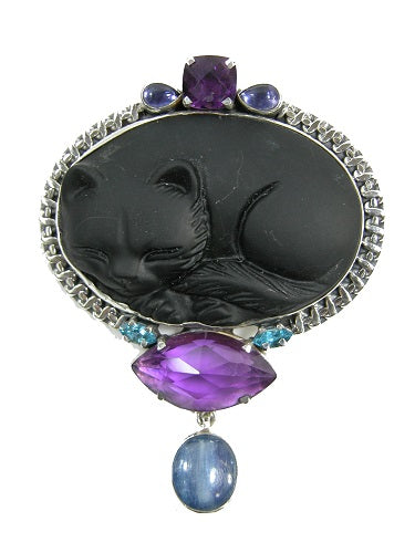21086 Carved Obsidian Cat Kyanite Amethyst Sterling Silver Pin Pendant