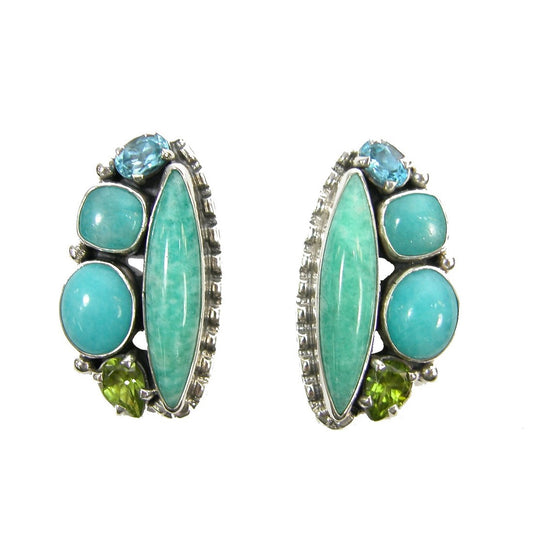 21090 Amazonite, Blue Topaz, Peridot Cluster Sterling Silver Earrings
