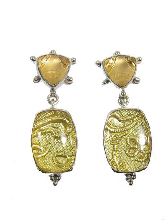 21095 Tapestry Under Quartz Gold Foil Quartz Sterling Silver Earrings