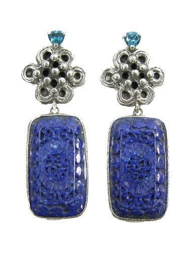 Carved Blue Lapis Topaz Sterling Silver Earring