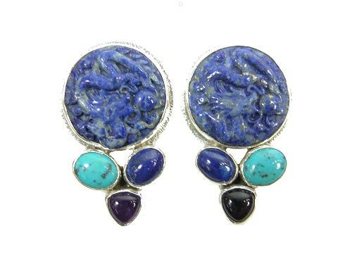Carved Lapis Dragon Sterling Silver Earrings