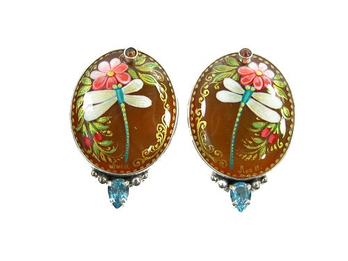 21107A Hand Painted Russian Miniature Dragonflies Topaz Sterling Silver Earring