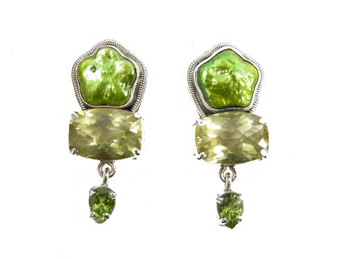 21128 Peridot, Freshwater Pearl, Sterling Silver Earrings