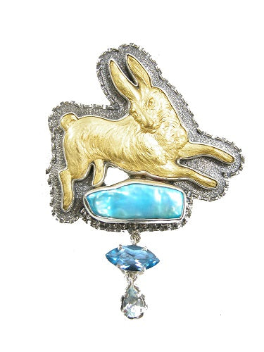 Blue Topaz Rabbit Sterling Silver Pin Pendant