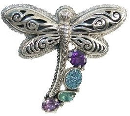 Sterling Silver Dragonfly Amethyst Titanium Clad Drusy Apatite Pin Pendant