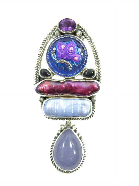 21149 Pearl, Amethyst, Hand Enameled Butterfly Sterling Silver Pin and Pendant