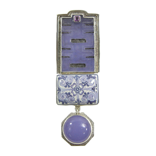 21151 Hand Painted Russian Miniature on Black Onyx, Amethyst, Purple Agate Sterling Silver Pin and Pendant
