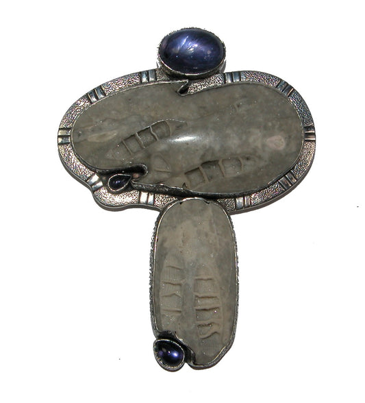21152 Iolite and Fossil Scroll on Sterling Silver Pin Pendant