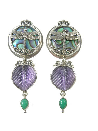 21157 Abalone, Chyrysoprase Dragonfly Vintage Glass Sterling Silver Drop Earring