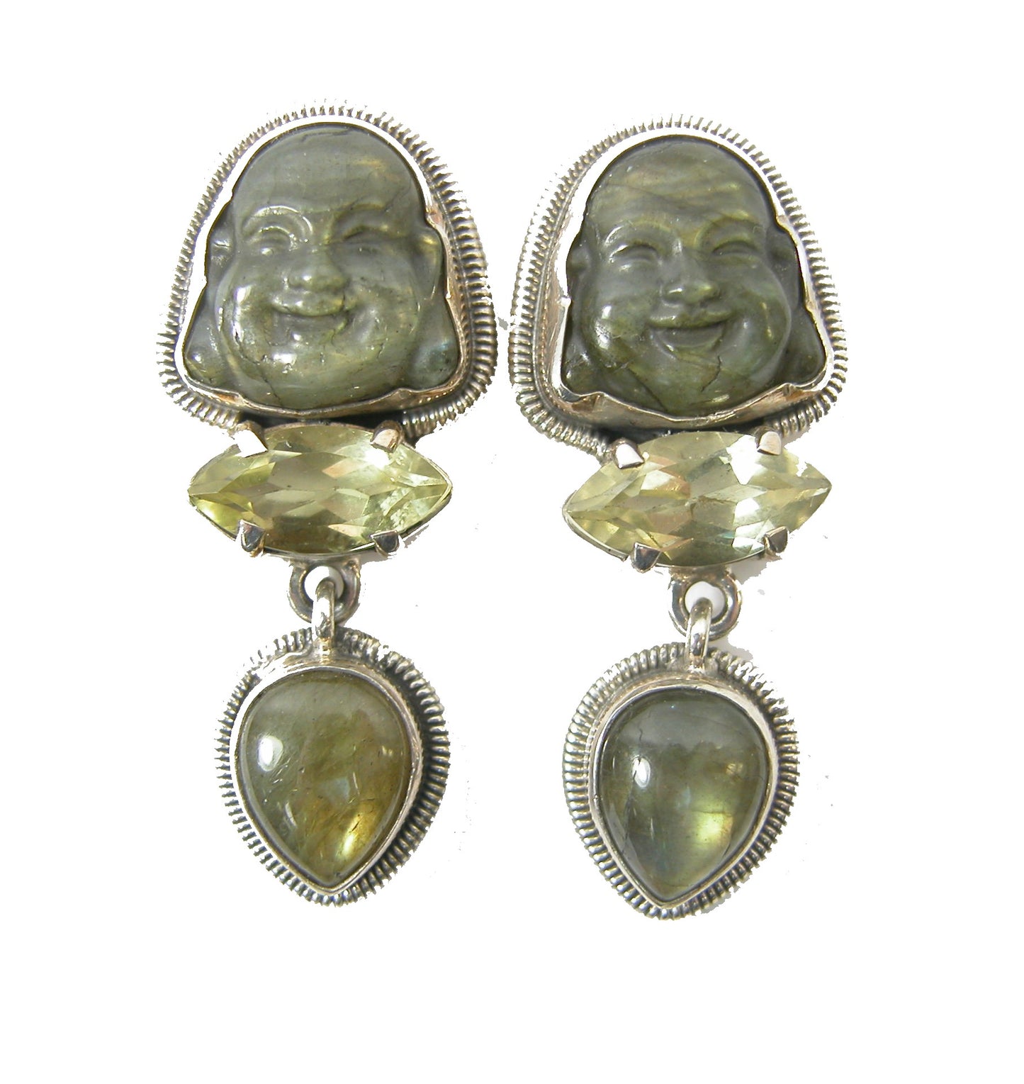 Carved Labradorite Buddha Sterling Silver Earrings