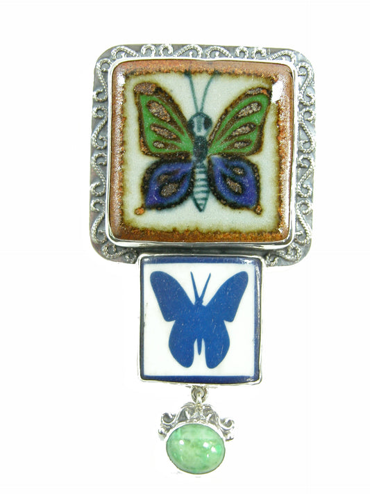 21165A Painted Ceramic Butterfly Lapis Sterling Silver Pin Pendant