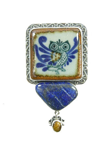 Painted Ceramic Owl Lapis Sterling Silver Pin Pendant