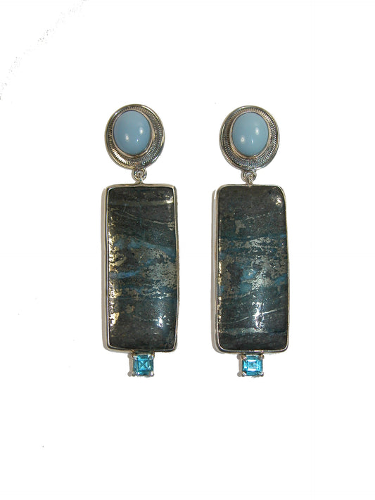 21166 Peruvian Opal, Blue Opal, Pyrite, Sterling Silver Earrings
