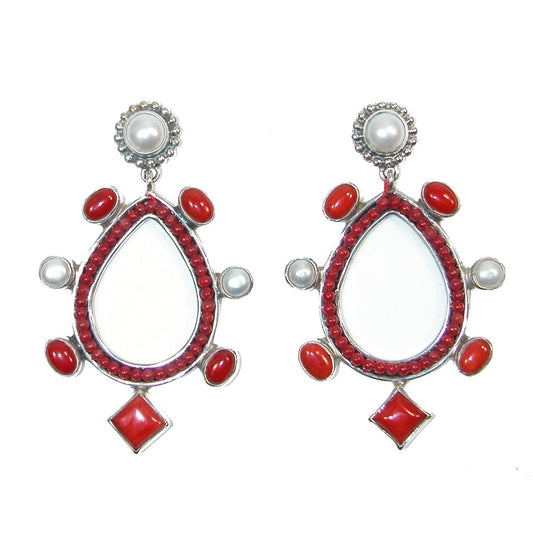 21167 Fresh Water Pearl with Red Jasper Dangle Sterling Silver Earring