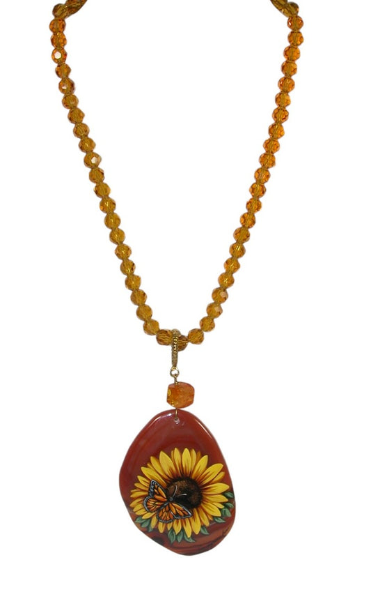 22001 Hand Painted Sunflower and Butterfly Sterling Silver Beaded Necklace
