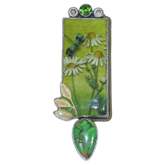22039 Hand Made Tile, Quartz, Turquoise Sterling Silver Pin and Pendant