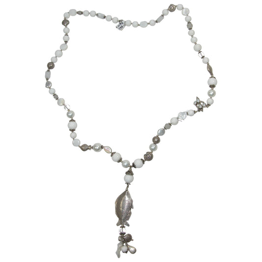 Freshwater Pearl Fish Extra Long Sterling Silver Necklace