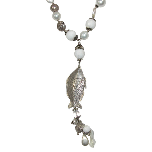 22149 Freshwater Pearl Fish Extra Long Sterling Silver Necklace