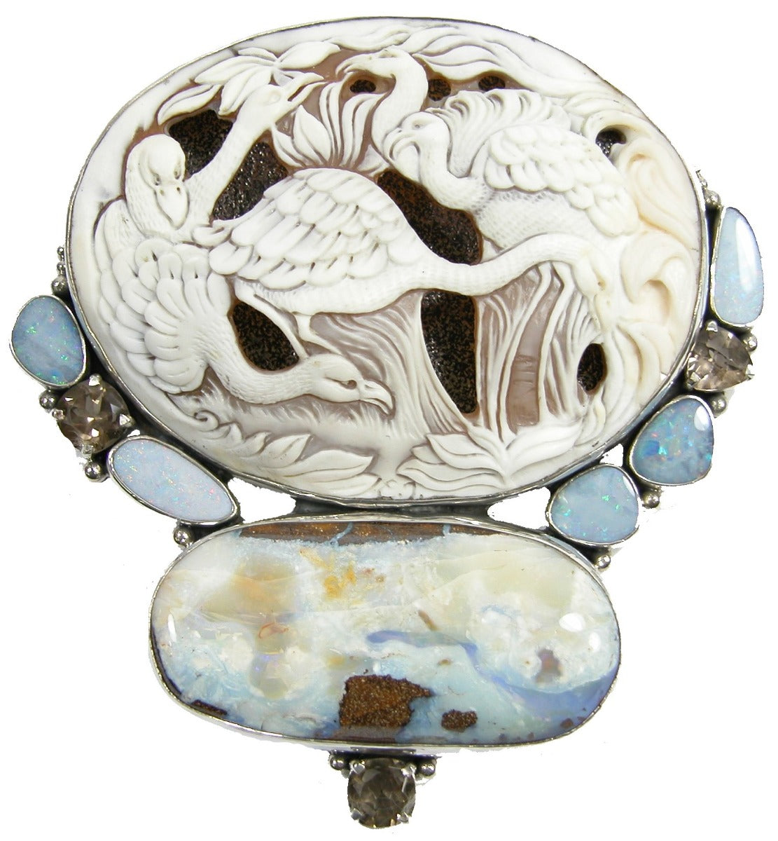 Hand Carved Italian Bird Cameo Boulder Opal Sterling Silver Pin Pendant