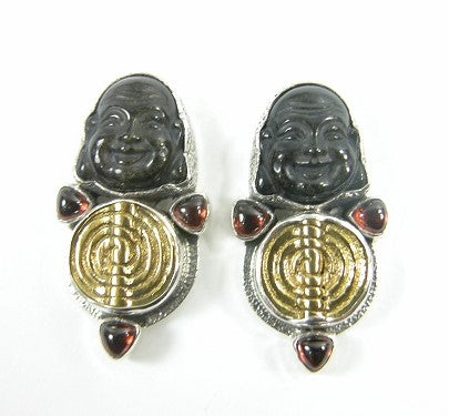 22208 Carved Obsidian Buddha Sterling Silver Earrings