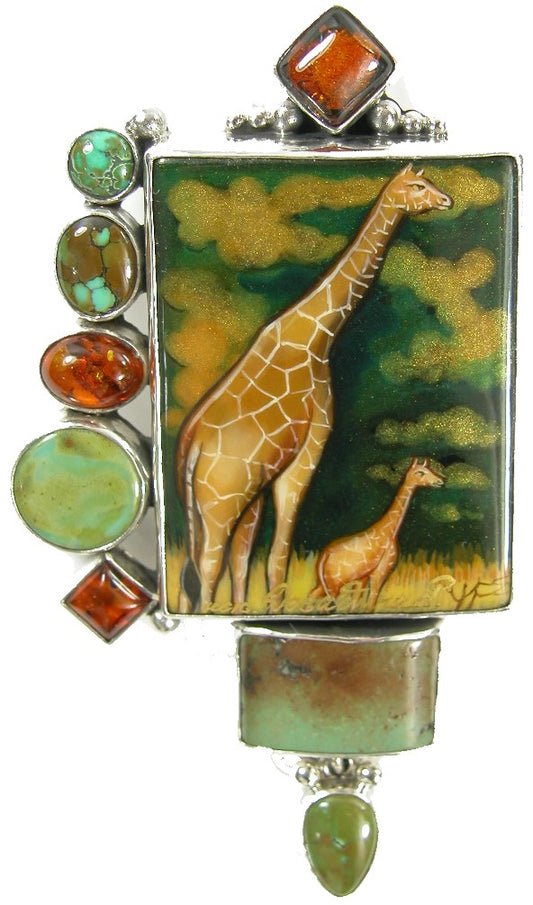 Hand Painted Miniature Giraffe Sterling Silver Pin Pendant