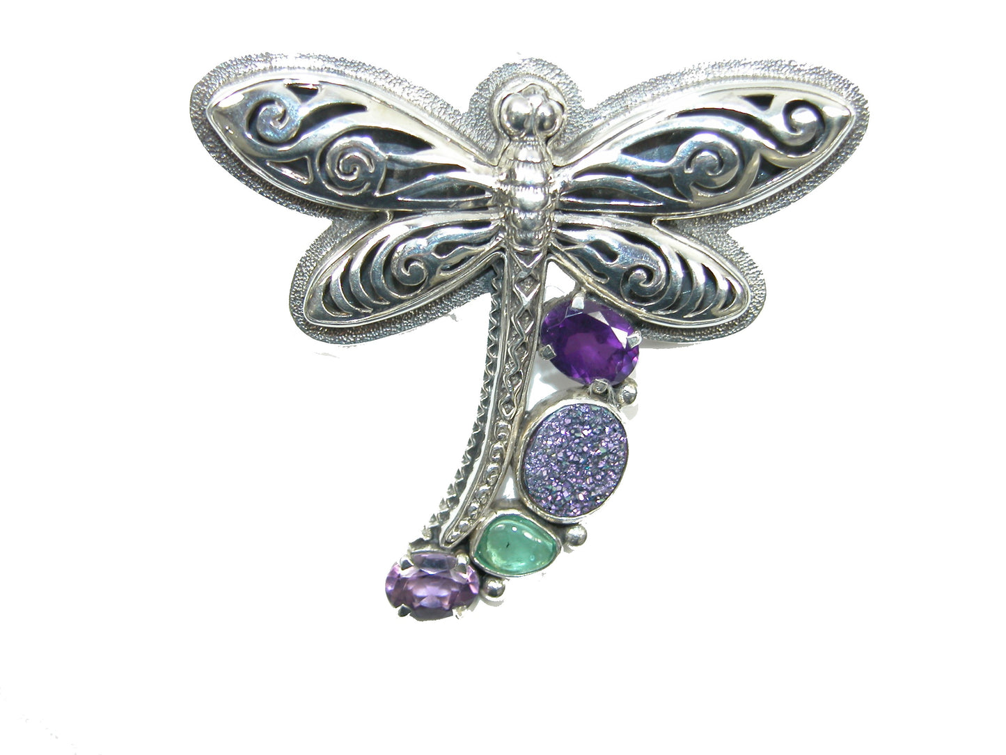 22224 Sterling Silver Dragonfly Amethyst, Apatite, Druzy, Sterling Silver Pin Pendant
