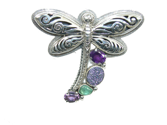 22224 Sterling Silver Dragonfly Amethyst, Apatite, Druzy, Sterling Silver Pin Pendant