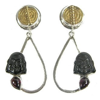 22227 Carved Obsidian Garnet Sterling Silver Earring