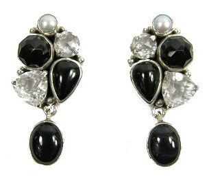 22239 Black Onyx Freshwater Pearl Sterling Silver Cluster Earring