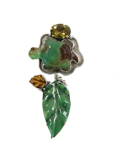 Hand Carved Chrysoprase Turtle Citrine Sterling Silver Pin Pendant
