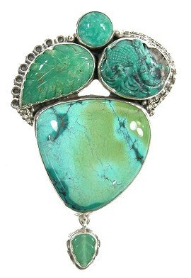 Turquoise Chrysoprase Leaf Sterling Silver Pin Pendant