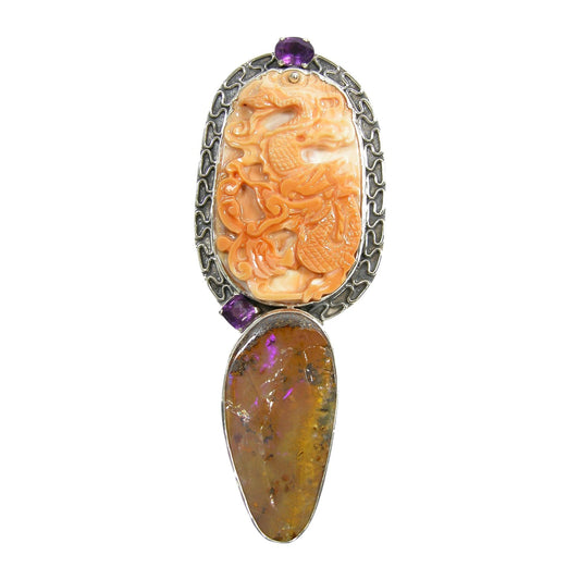 Carved Shell Boulder Opal Sterling Silver Pin Pendant