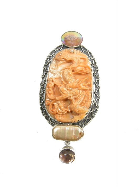 22254 Carved Shell Dragon, Freshwater Pearl, Sterling Silver Pin and Pendant
