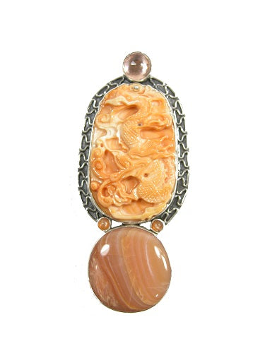Carved Shell Dragon Sterling Silver Pin Pendant