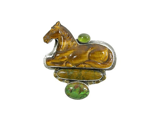 Hand Carved Tiger's Eye Horse Sterling Silver Pin Pendant