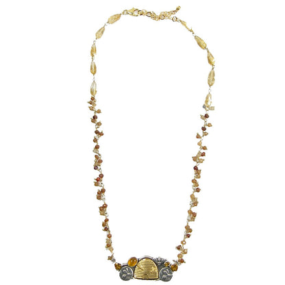 22268 Hessonite, Citrine, Crystal Beehive Pendant Beaded Sterling Silver Necklace