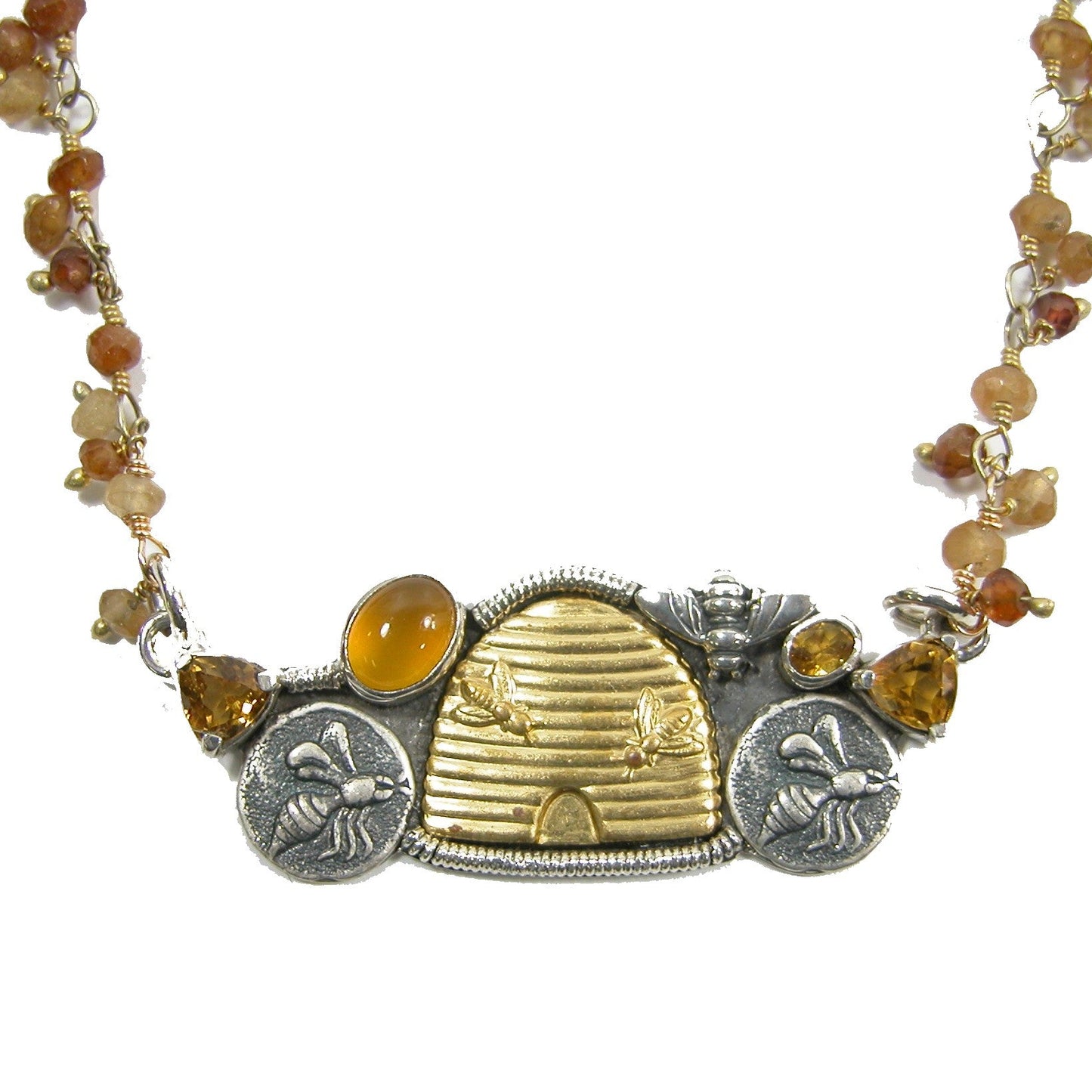 22268 Hessonite, Citrine, Crystal Beehive Pendant Beaded Sterling Silver Necklace