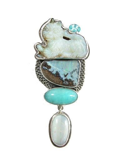 ONE OF A KIND Carved Opal Cat Sterling Silver Pin Pendant