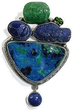 Malachite Azurite Carved Lapis Scarab Sterling Silver Pin Pendant