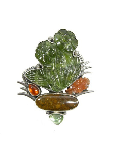 Carved Vesuvianite Flowers Carnelian Sterling Silver Pin Pendant