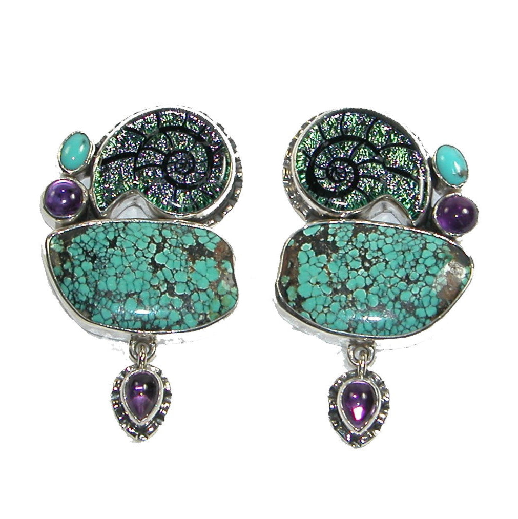 22331 Turquoise, Amethyst and Glass Shell Sterling Silver Earrings