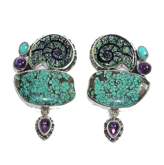 22331 Turquoise, Amethyst and Glass Shell Sterling Silver Earrings