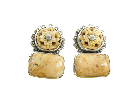 22342 Carved Bone and Jasper Sterling Silver Earrings