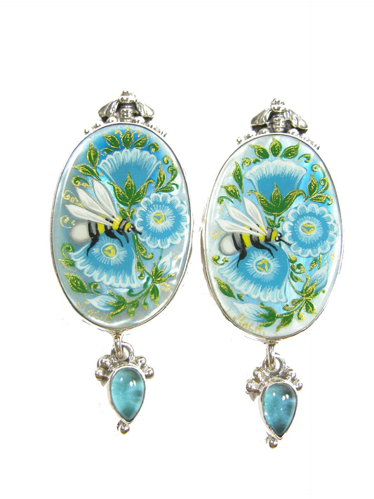 22344 Hand Painted Bee on Mother of Pearl Oval Sterling Silver Earrings