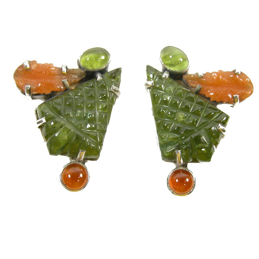 22359 Carved Vesuvianite, Hessonite, Carnelian Sterling Silver Earrings