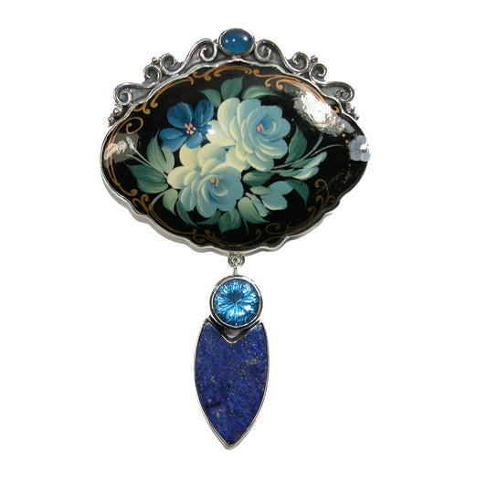 22367 Hand Painted Miniature, Lapis, Blue Onyx, Quartz Sterling Silver Pin and Pendant