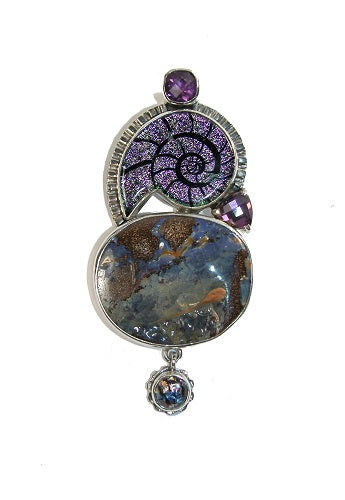 Boulder Opal Dichroic Glass Nautilus Shell Sterling Silver Pin Pendant