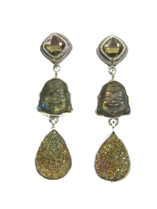 22375 Carved Buddha on Labradorite Sterling Silver Earrings
