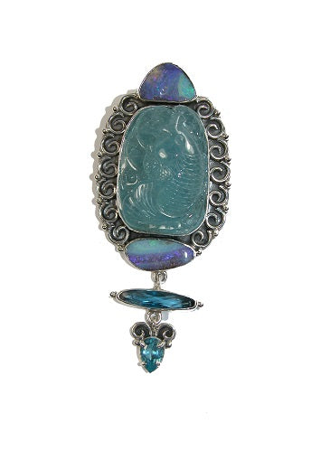 Carved Aquamarine Fish Opal Sterling Silver Pin Pendant
