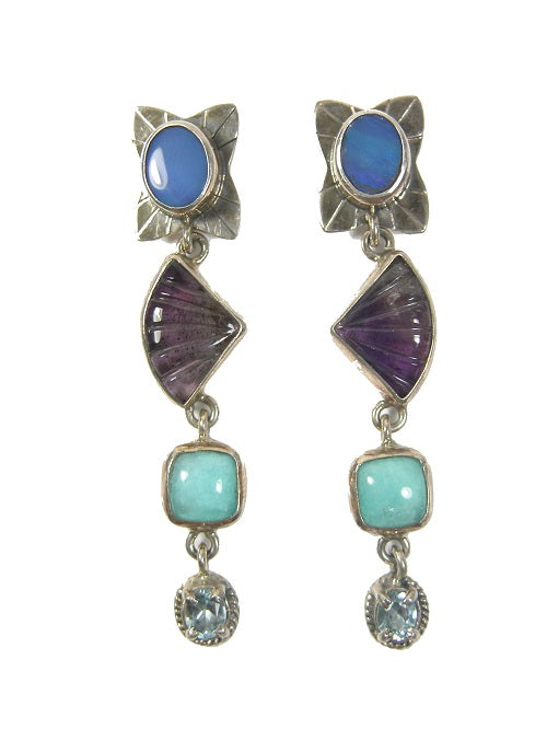 22381 Opal Carved Amethyst Amazonite Blue Topaz Sterling Silver Earring